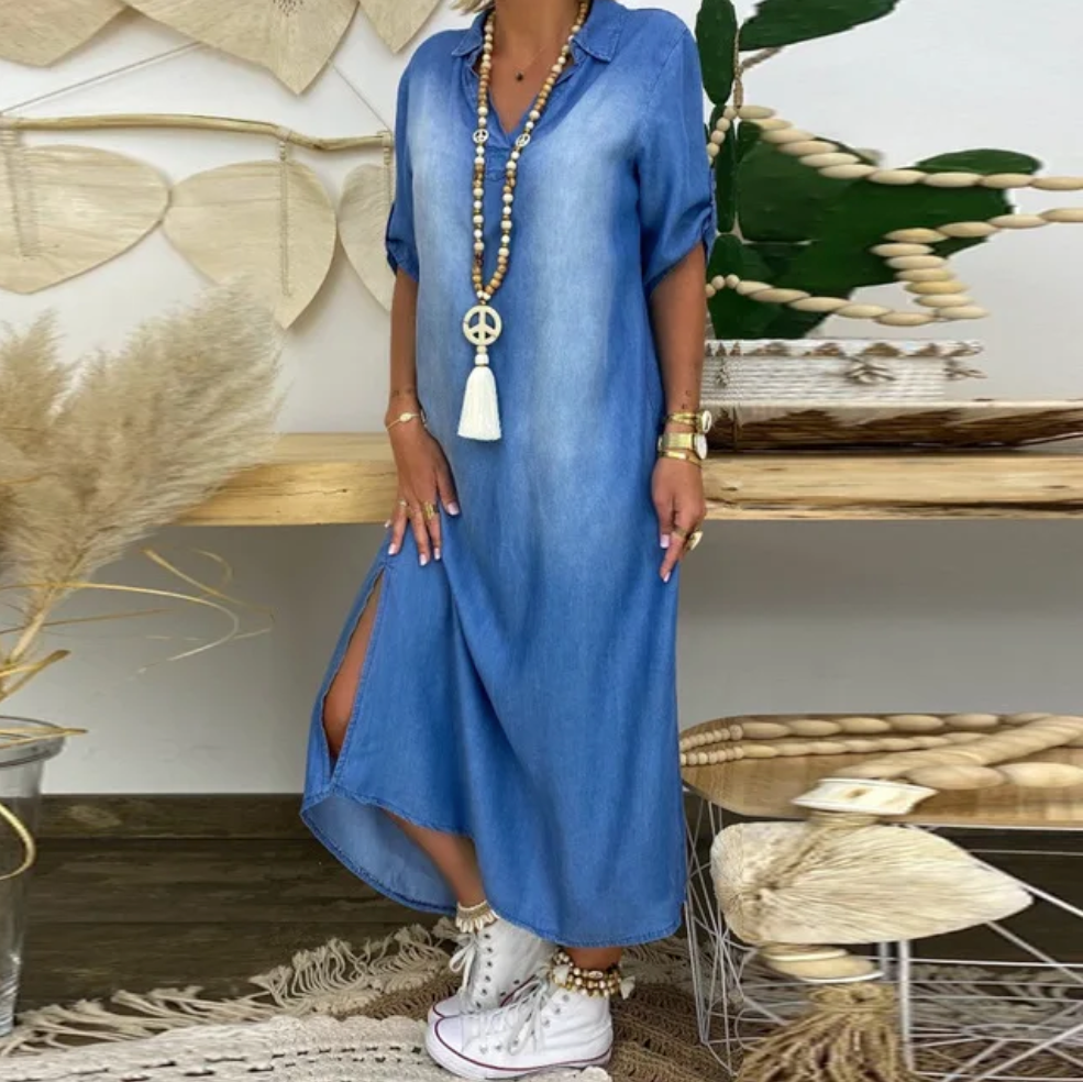 Lea | Long Denim-Look Dress With Side Slit