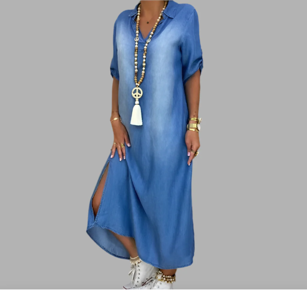 Lea | Long Denim-Look Dress With Side Slit