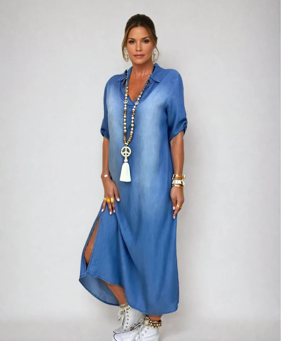 Lea | Long Denim-Look Dress With Side Slit