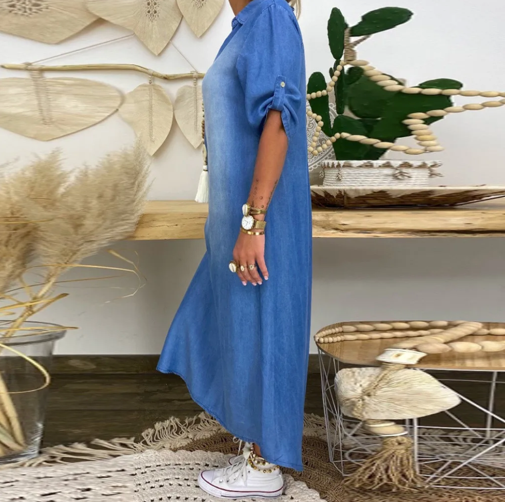 Lea | Long Denim-Look Dress With Side Slit