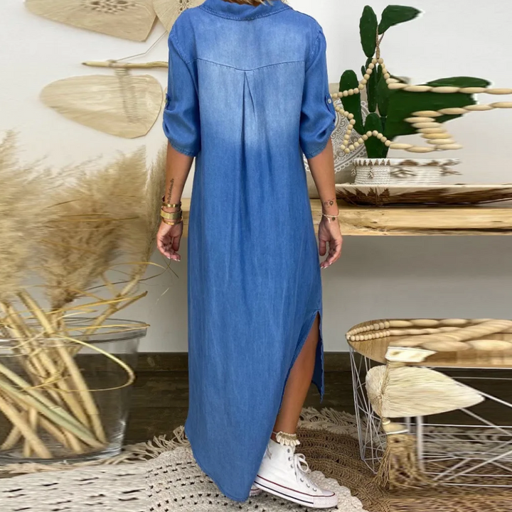 Lea | Long Denim-Look Dress With Side Slit